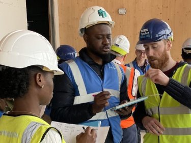 Research Fellow Gabriele Tamagnone informs a group of NMITE students on building sustainably.