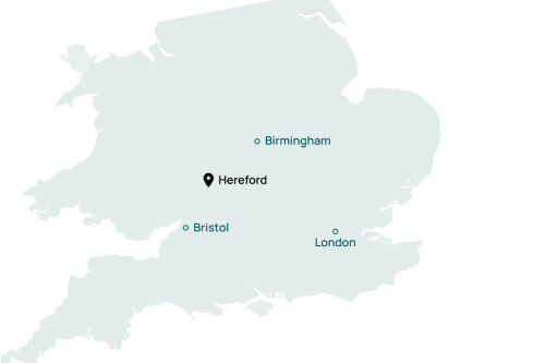 UK map showing Hereford city as a marker