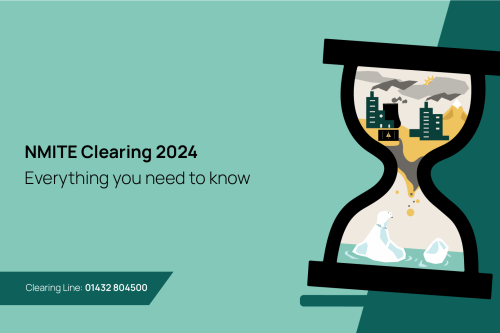 A graphic that says "NMITE Clearing 2024, Everything you need to know" At the bottom of the graphic is the Clearing Line phone number (01432 804 500)