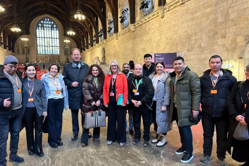 Members of the Kazakh delegation with Jesse Norman MP, Baroness Jacqui Smith, and Graham Sparey-Taylor, Parakram Pyakurel and Kim Green of NMITE. 