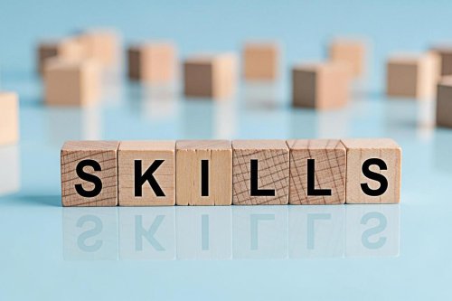 Wooden blocks that read the word skills
