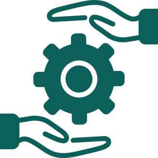 Green icon with cog and hands