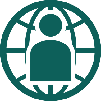 Green icon showing person in front of a globe