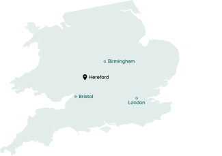 UK map showing Hereford city as a marker