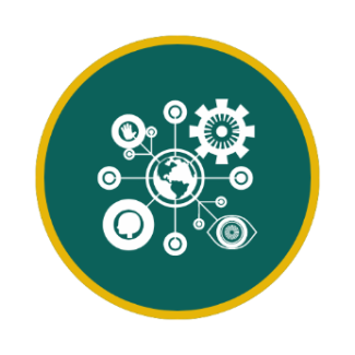 Icon of the Earth with branching pathways connecting to other icons