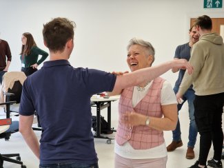 Woman and man talking