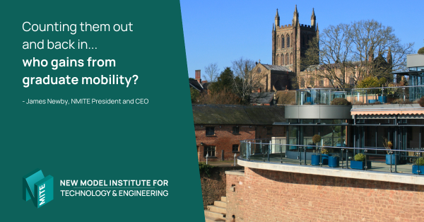 Hereford Cathedral and Left Bank Village are in view. The NMITE logo is visible and the text in image reads counting them out and back in... who gains from graduate mobility?