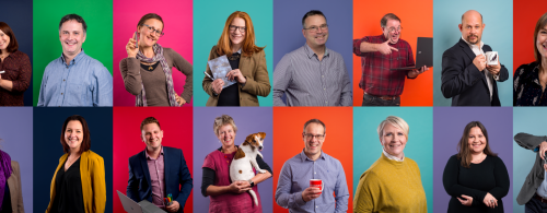 A selection of photos of members of the NMITE team, posing in front of colour backgrounds
